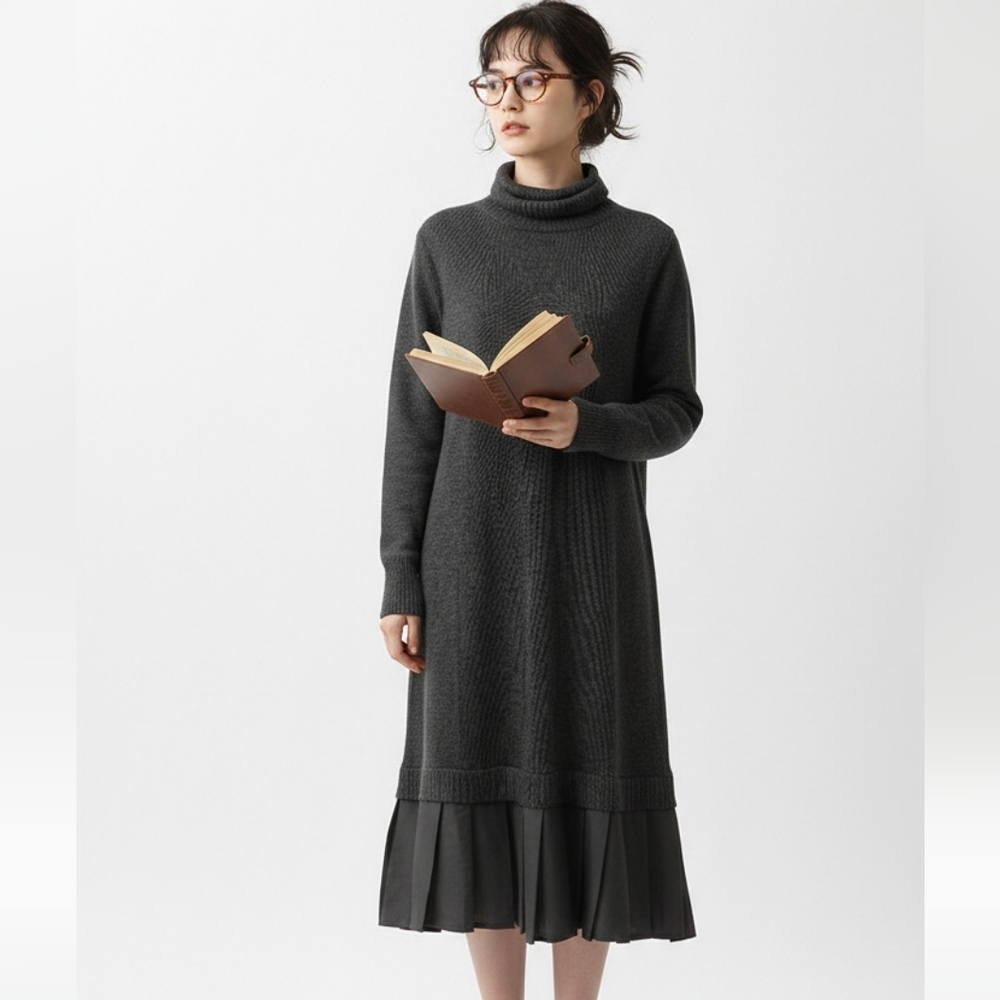 Unbranded Sweater Dress Gray Turtleneck Midi Peplum Pleated Preppy L